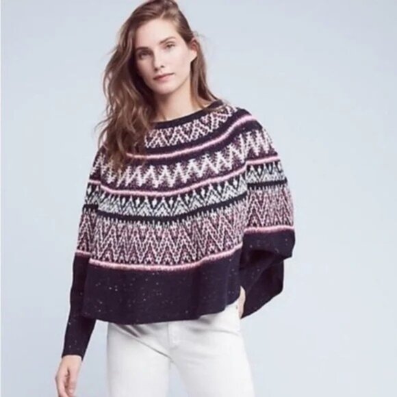 Anthropologie Sleeping On Snow Midland Fair Isle Sweater Poncho Blue XS/S Wool - Picture 1 of 14